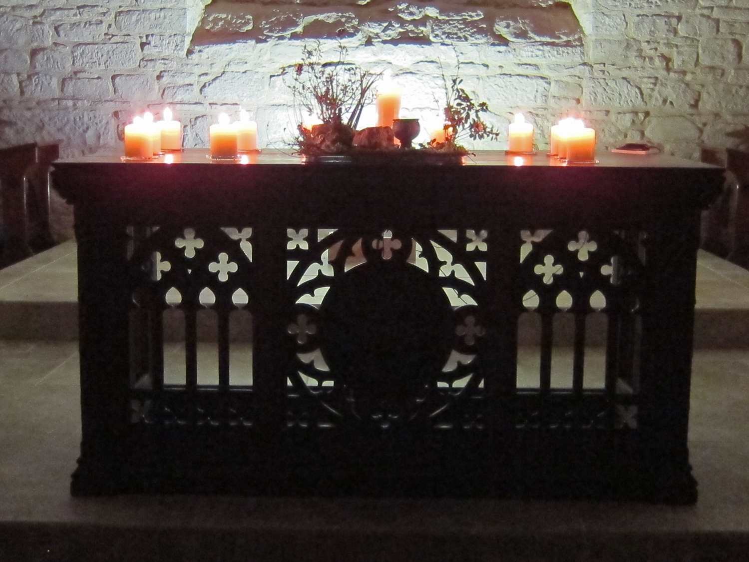 The candle-lit altar during the vigil