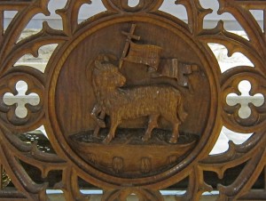 Agnus Dei. the symbol of St John the Baptist, carved on our main altar